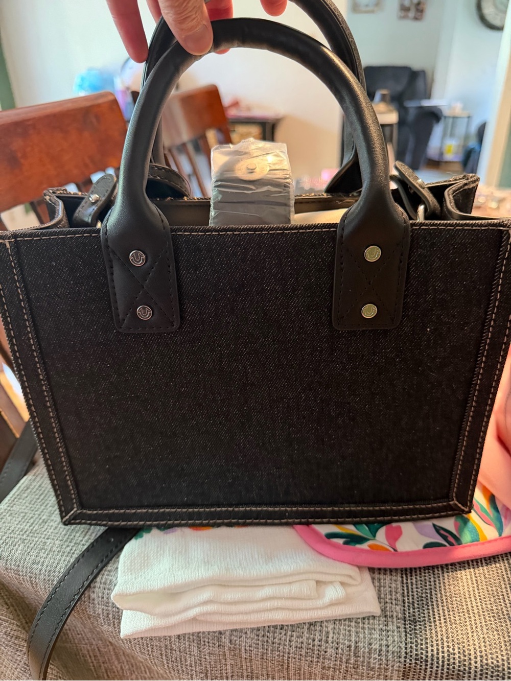 True Religion Black denim Tote with Contrast Stitch Pattern - Picture 3 of 12